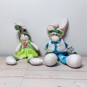 Two Easter Bunny Dolls Decorations Spring Boy Girl Green Blue Kitsch Vintage